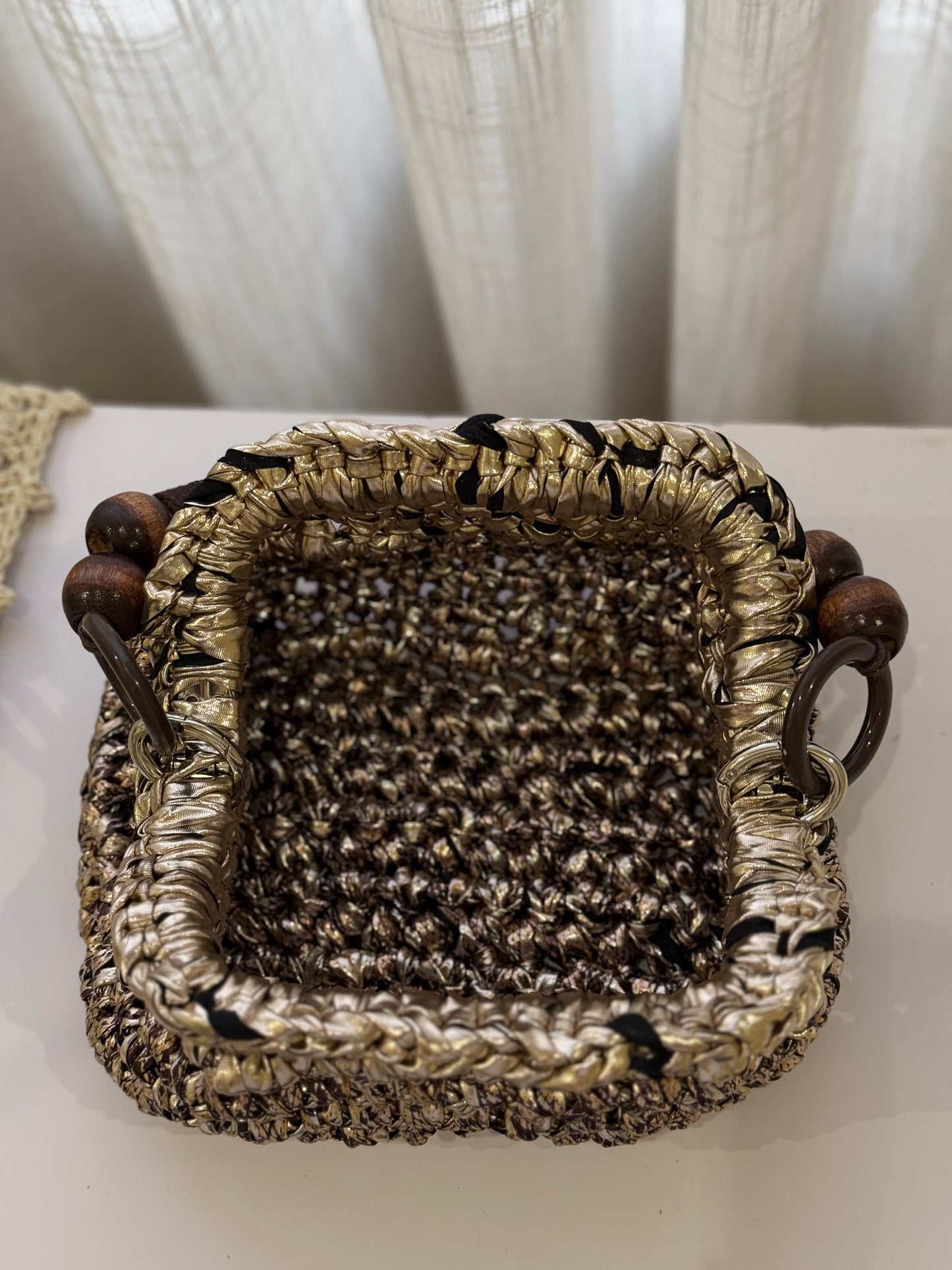 Shiny Golden Crochet Bag with Brown Handle