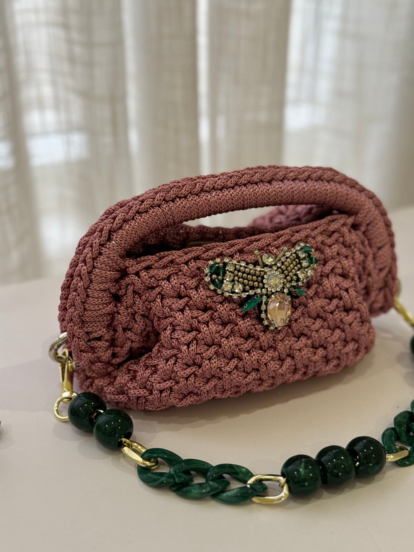 Emerald Dragonfly Crochet Bag – Pink