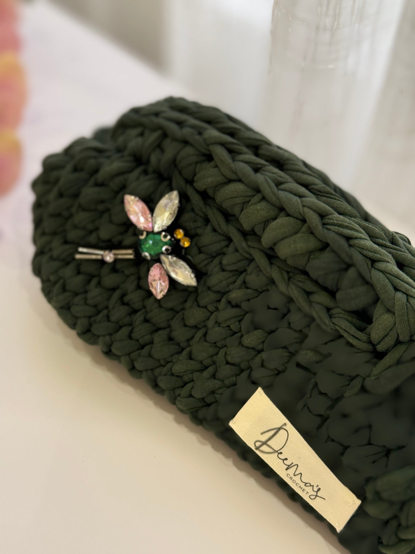 Green Crochet Bag with Butterfly Charm