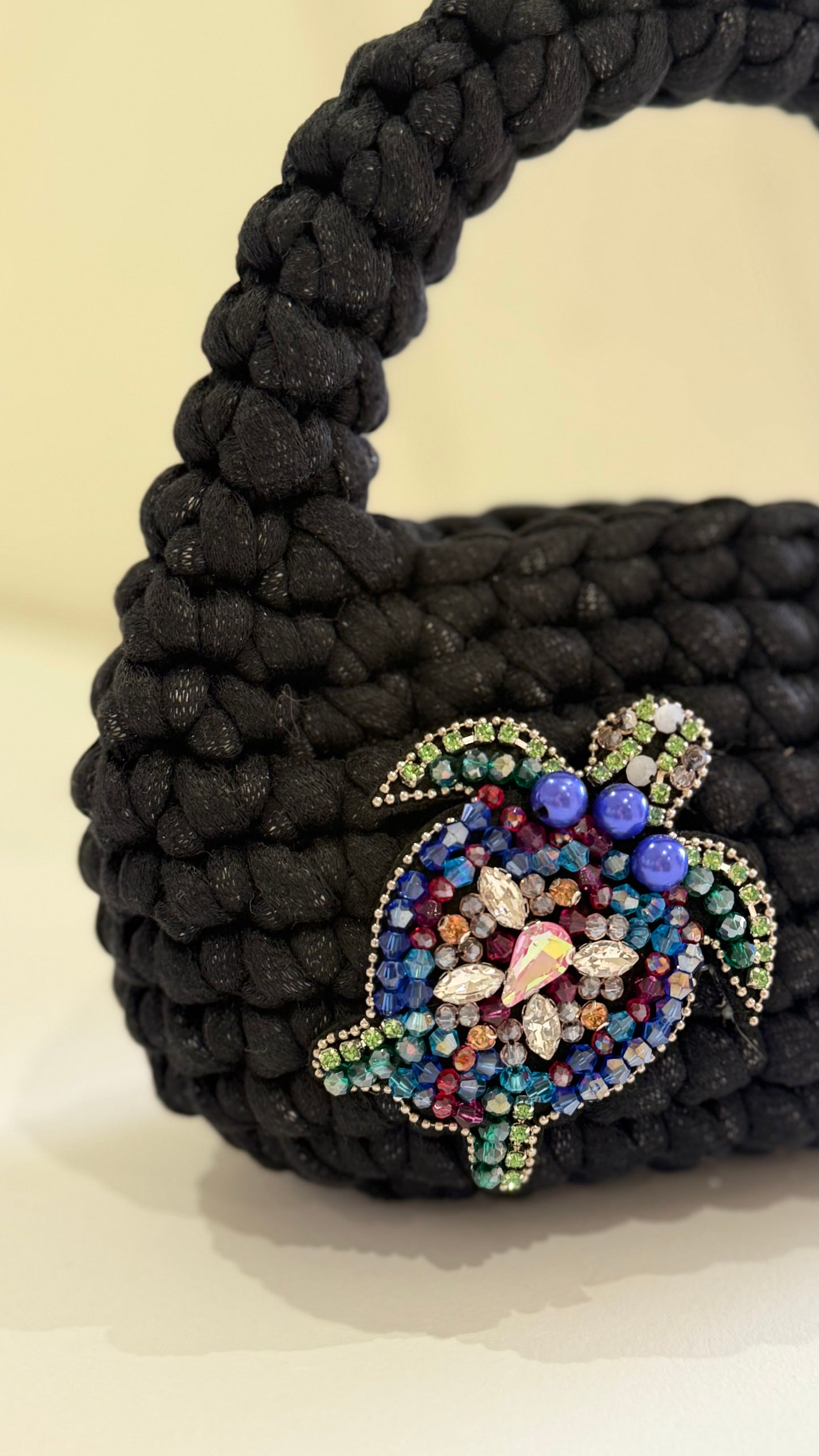 Black Crochet Handbag with Beaded Turtle Brooch