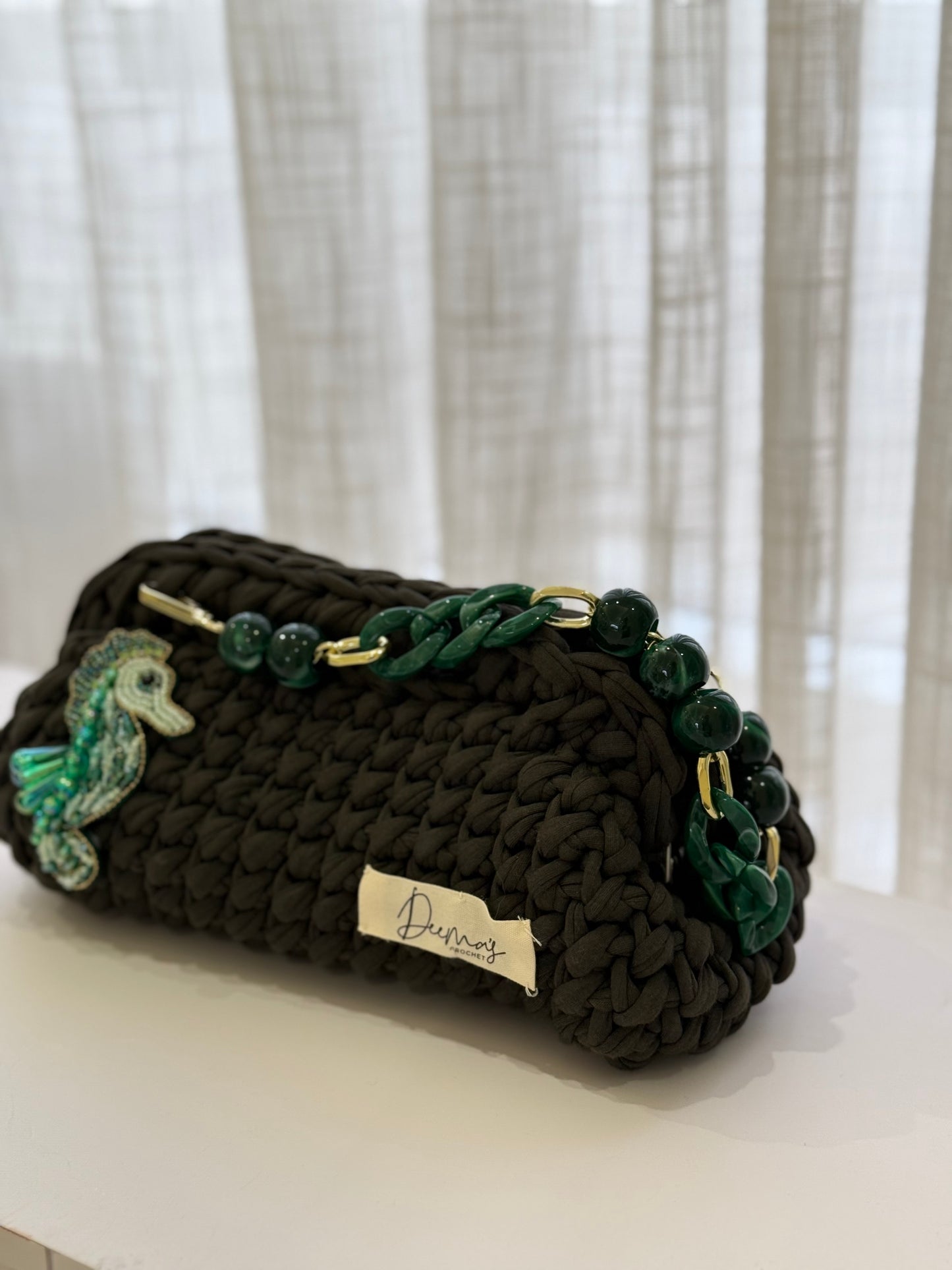 Dark Green Crochet Bag with Seahorse Charm