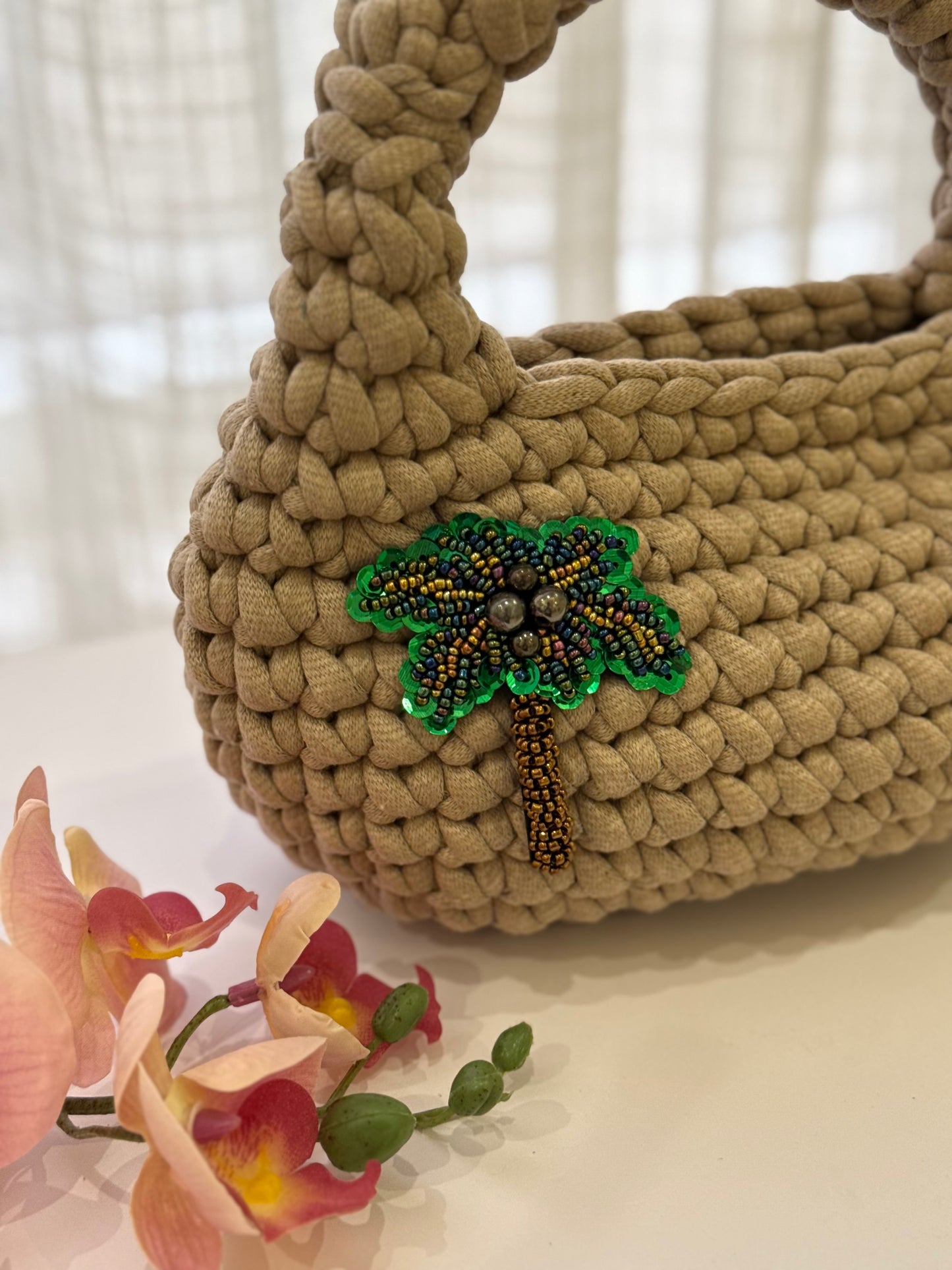 🌴 Palm Crochet Bag – Light Beige