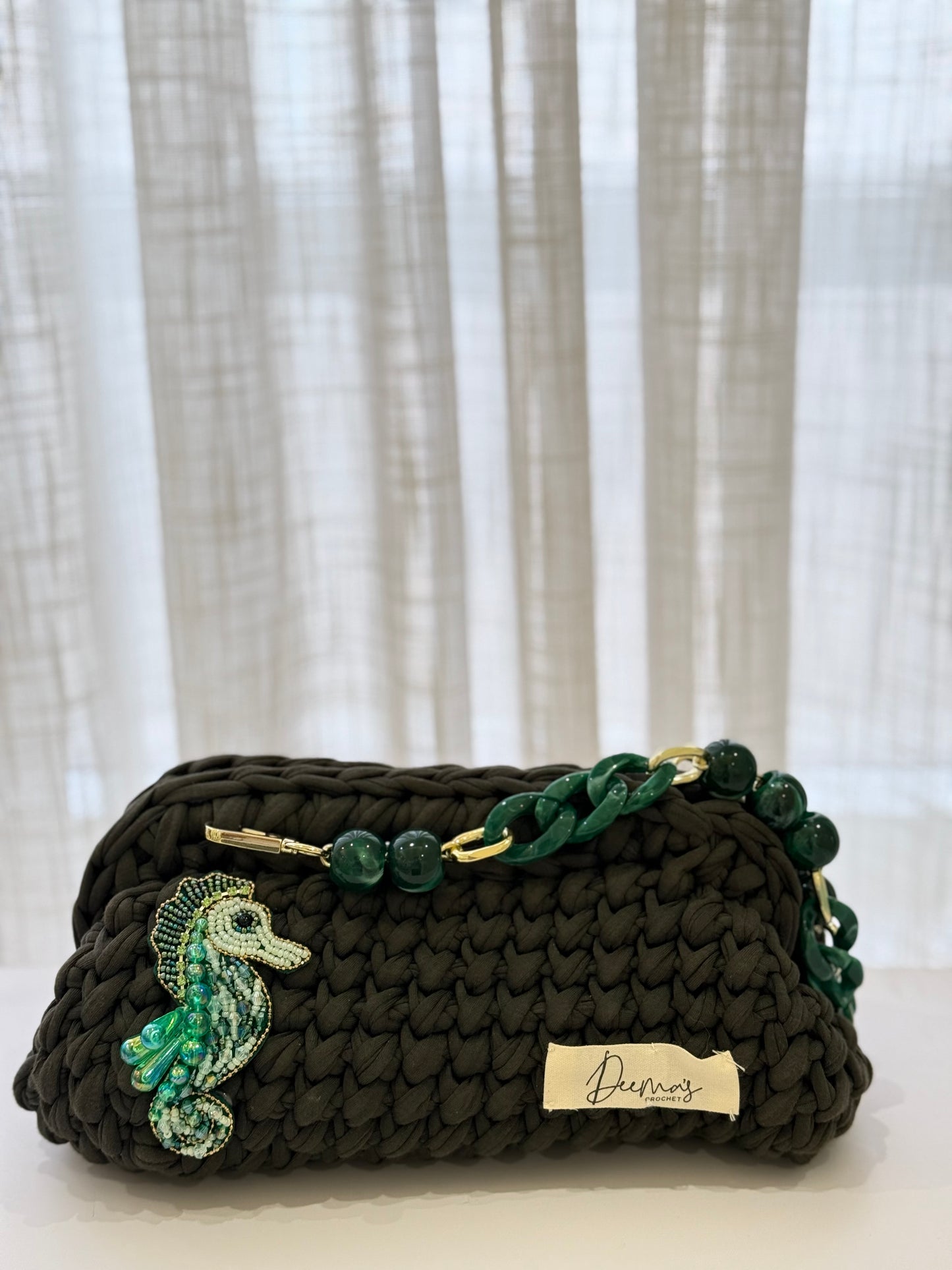 Dark Green Crochet Bag with Seahorse Charm