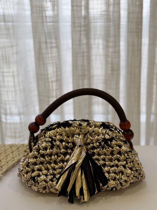 Shiny Golden Crochet Bag with Brown Handle