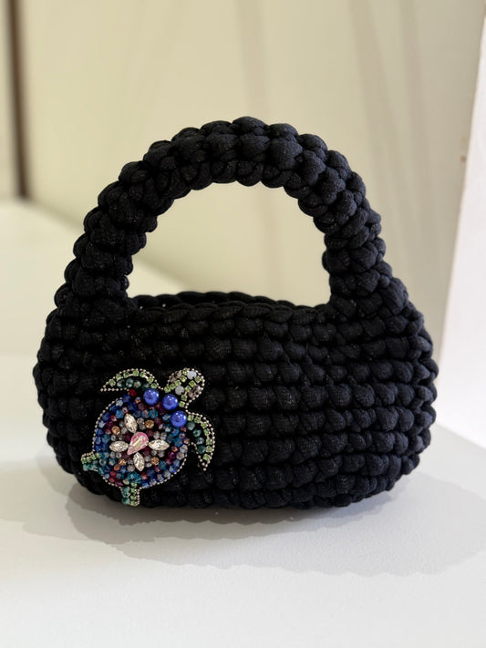 Black Crochet Handbag with Beaded Turtle Brooch