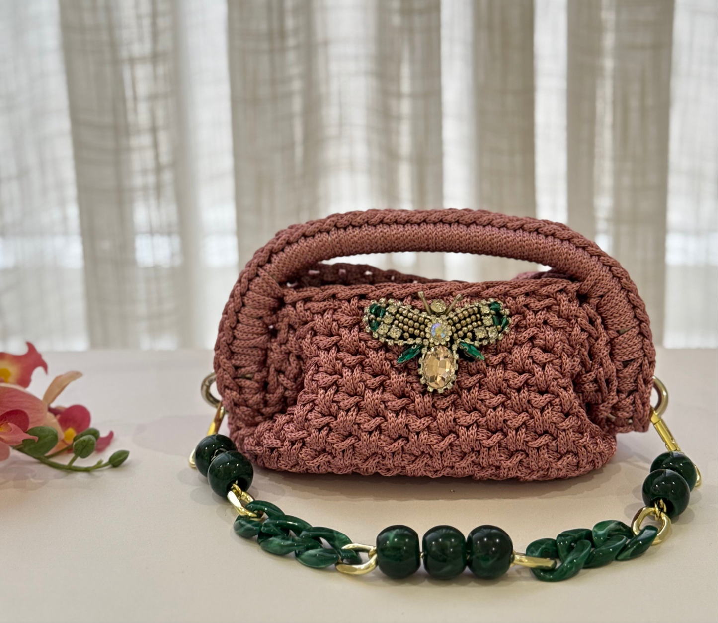 Emerald Dragonfly Crochet Bag – Pink