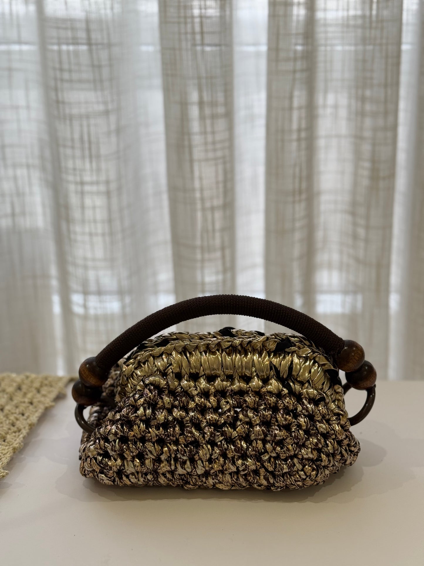Shiny Golden Crochet Bag with Brown Handle